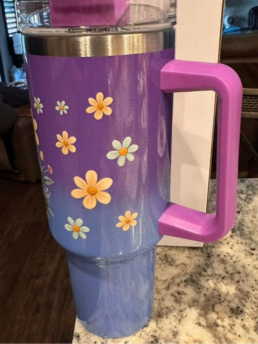 Hand Crafted Purple Bunny Floral Coffee Tumbler NEW IN BOX WITH STRAW
